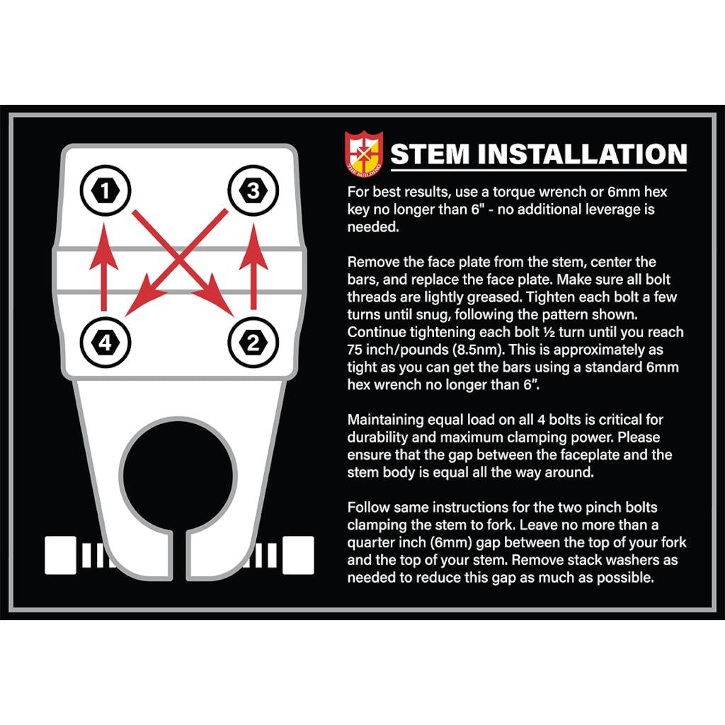 STEM INSTALLATION instructions with a diagram showing bolt tightening order and steps for correctly installing and adjusting the S&M Turtleneck Stem face plate, featuring a 52mm reach.