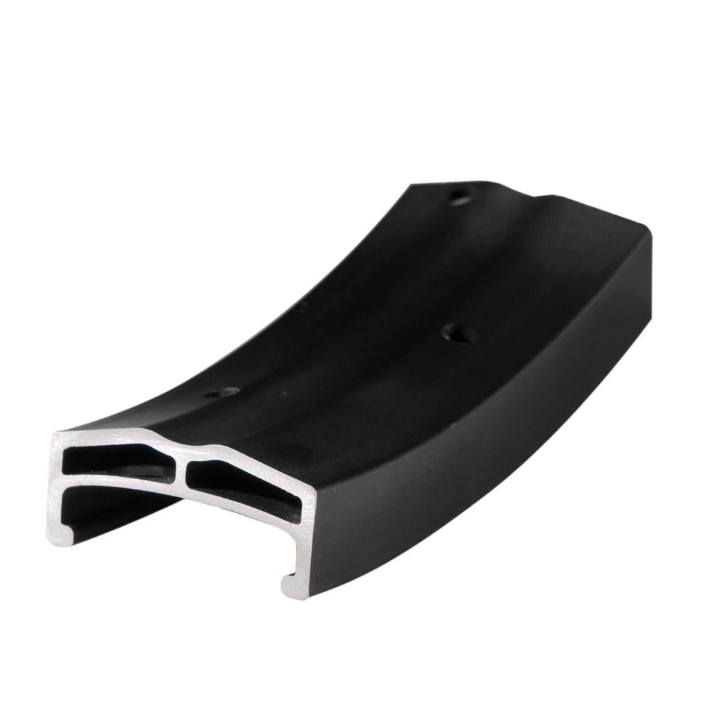 The Eclat Cortex X Bondi Logo Front Wheel features a curved, black, hollow metal extrusion with a partially open end and multiple internal channels, designed for front wheels, shown against a white background.