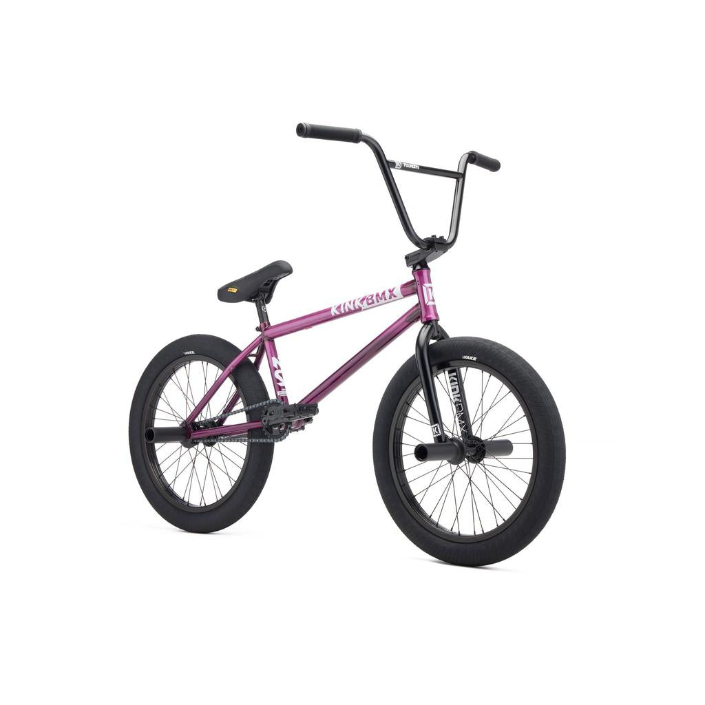 The Kink Downside 20 Inch Bike (2027) is a purple BMX street bike featuring a durable chromoly frame, black handlebars, seat, and tires, displayed on a white background.