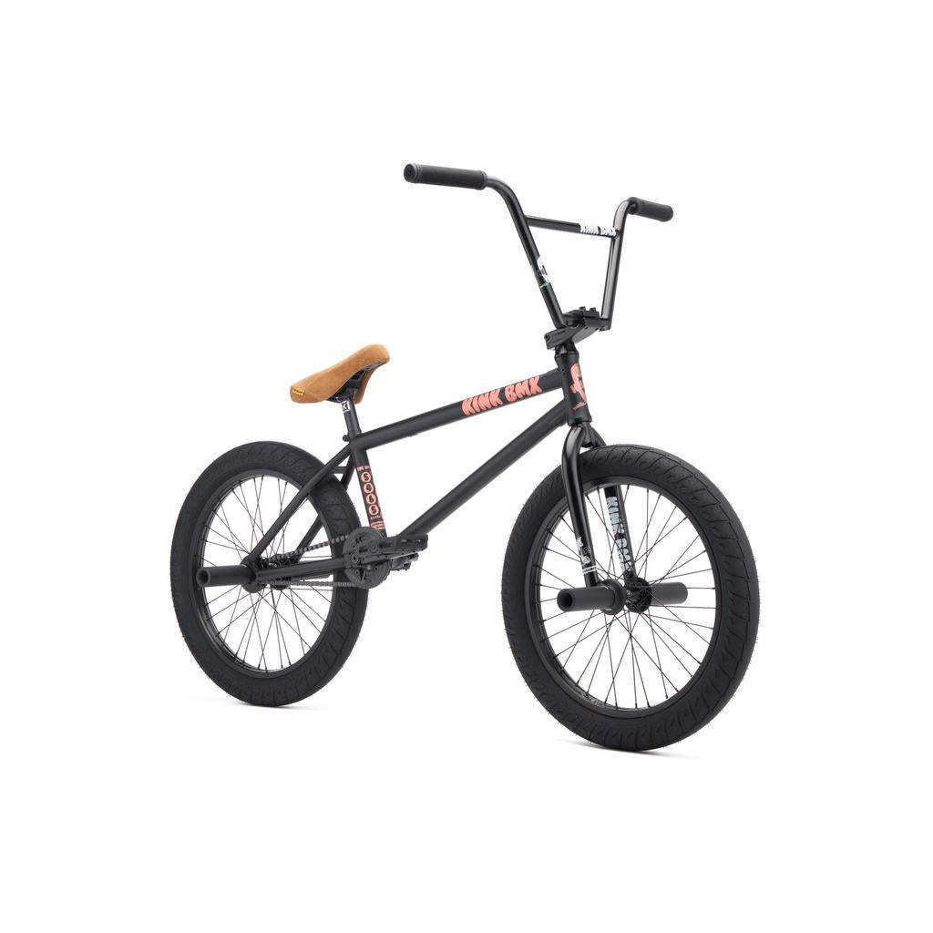 The Kink Williams 20 Inch Bike (2027) features a black chromoly frame, thick tires, a tan seat, and straight handlebars, displayed on a white background.