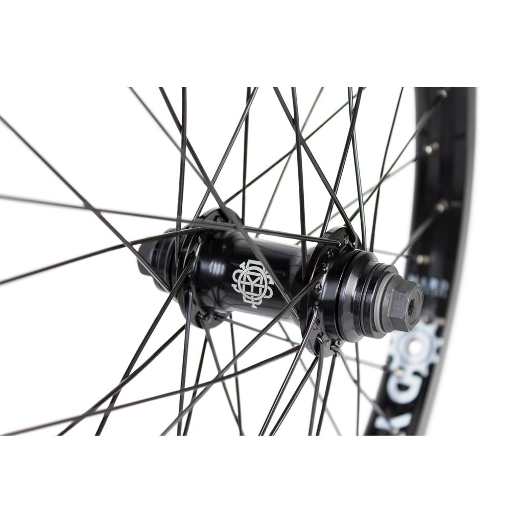 Close-up of an Odyssey Vandero Pro Hazard Lite Front Wheel: black BMX front wheel with Odyssey Vandero Pro hub, metal spokes, and black Hazard Lite rim with visible branding.