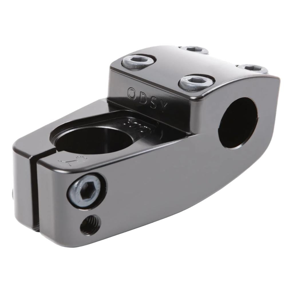 A close-up of the Odyssey Boyd Stem (Boyd Hilder Signature), a black metal BMX stem with four top bolts and a side clamp for handlebar attachment.