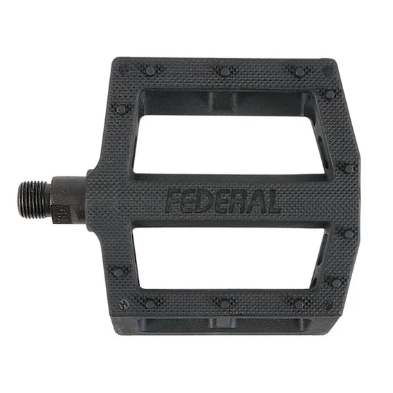 Federal Contact Pedals are black rectangular pedals with a textured surface for enhanced grip, feature "FEDERAL" branding in the center, and have a durable chromoly spindle.