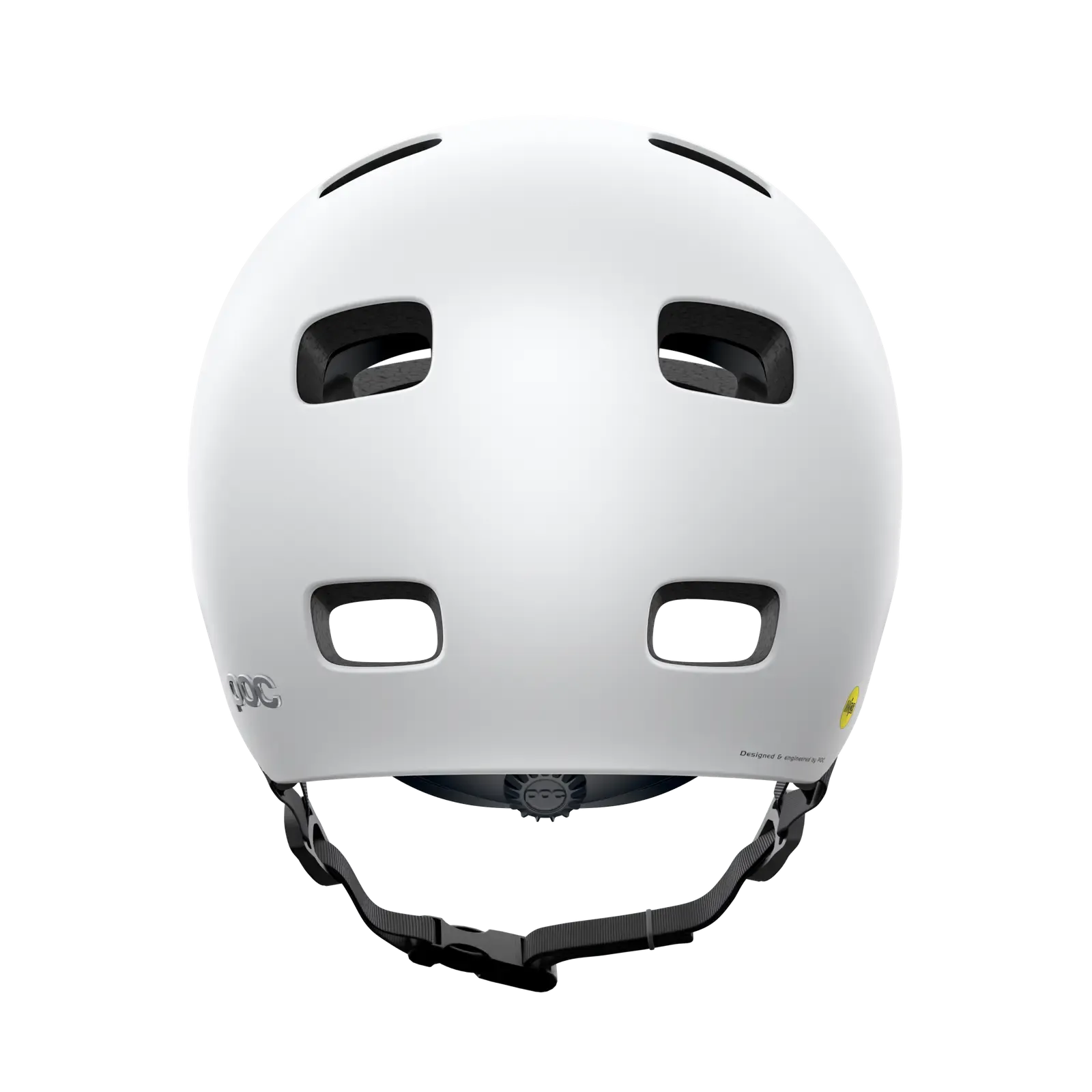 The POC Crane MIPS Helmet in Matte White is shown from the back, highlighting four rectangular vents, an adjustable chin strap, and a dual-density liner for rotational impact protection.