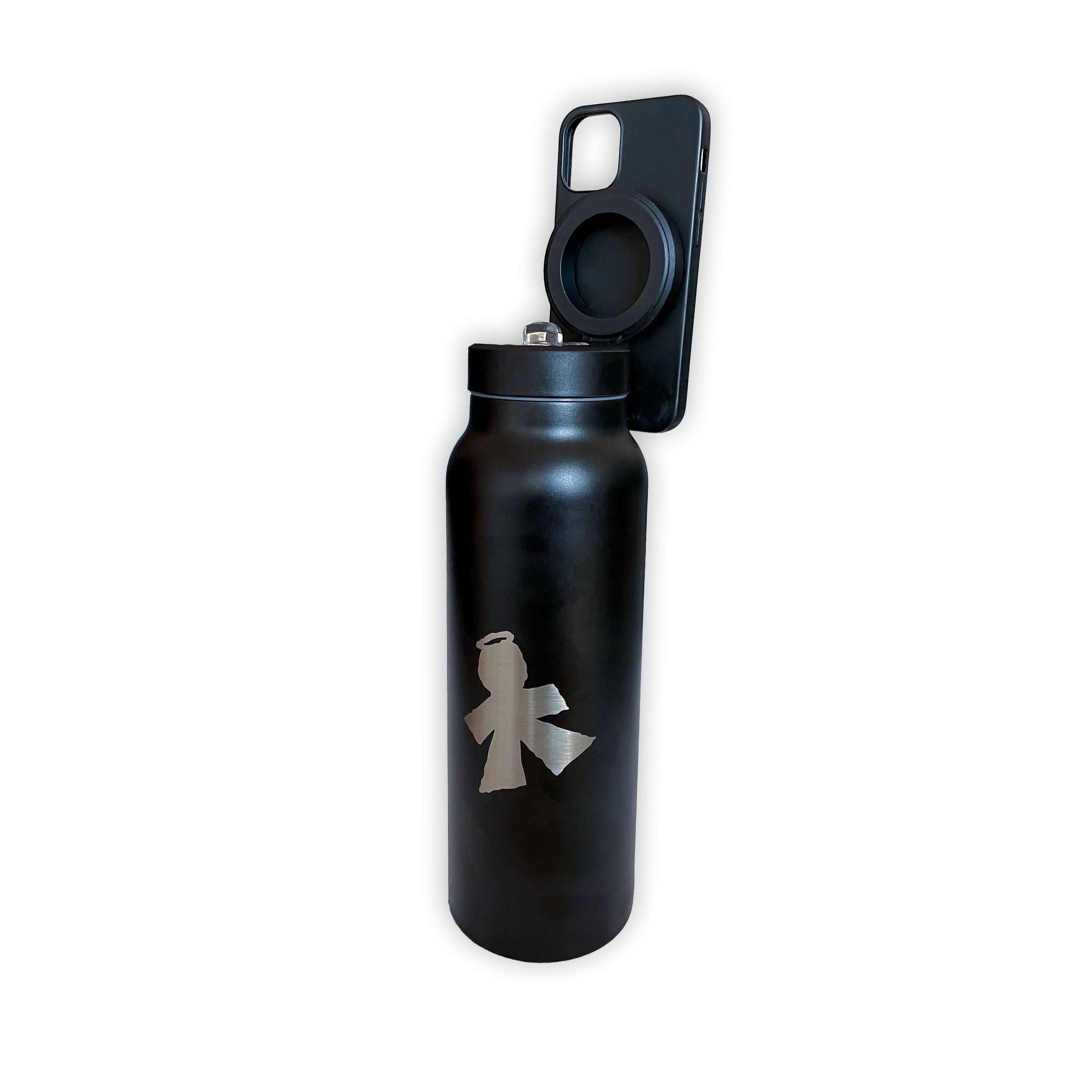 The V1da Phone Holder Drink Bottle is a black, BPA free water bottle with a silver abstract logo, featuring a screw-top lid attached by a hinge that flips open.