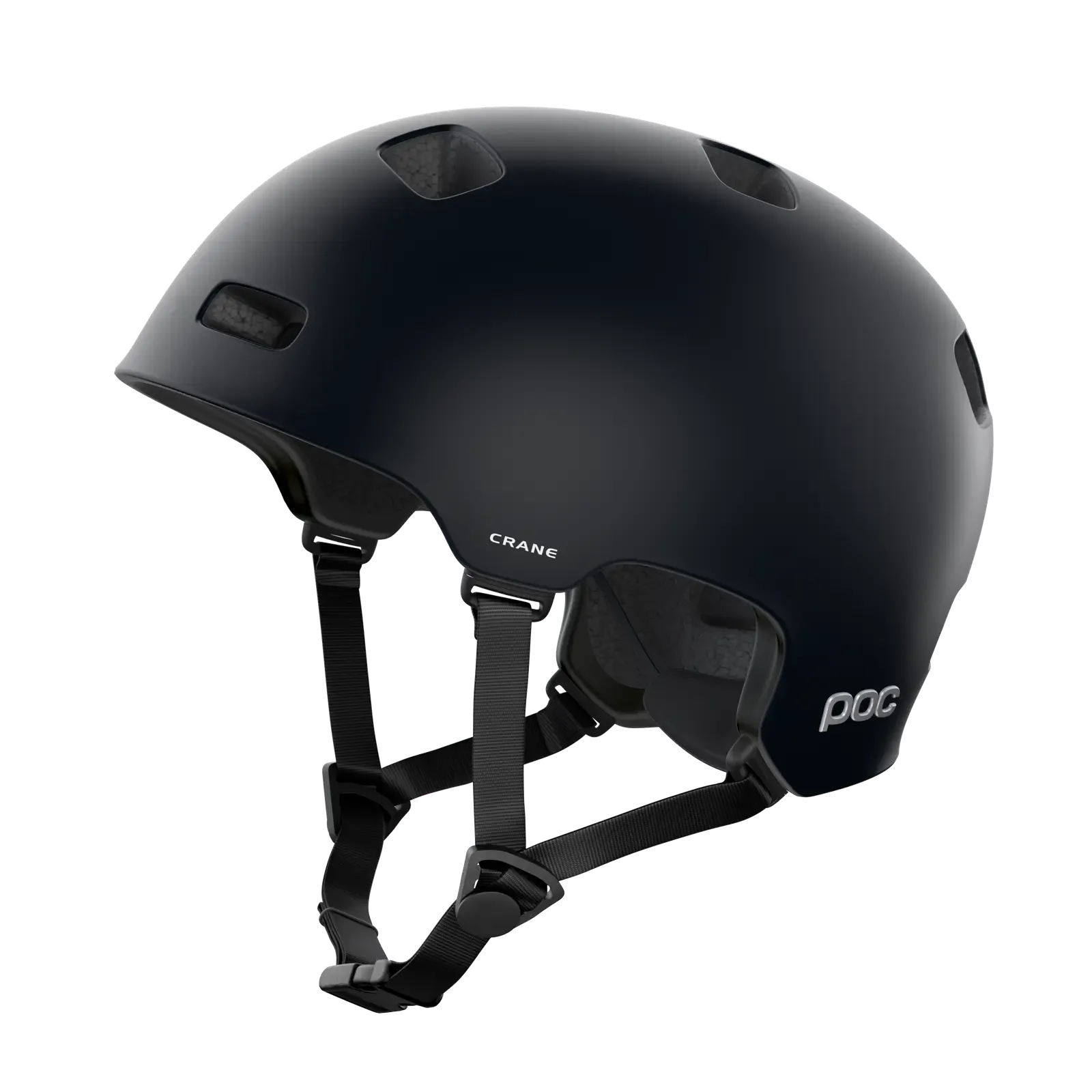 The POC Crane MIPS Helmet in matte black is shown in profile, featuring ventilation holes, adjustable straps, a secure buckle, and a dual-density liner for enhanced protection against rotational impacts.