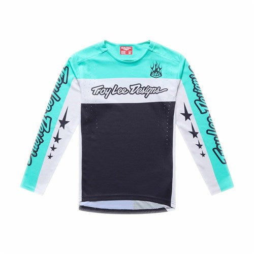 The TLD 26.1 Sprint Pro Jersey (Youth) / Yo Moto Carbon is a youth race-fit long-sleeve jersey with flame logo and star accents, in a bold Yo Moto Carbon design.
