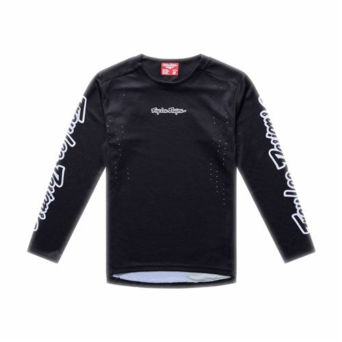 The TLD 26.1 Sprint Pro Jersey (Youth) / Mono Black is a black long-sleeve jersey with white chest and sleeve text, shown flat on a white background.