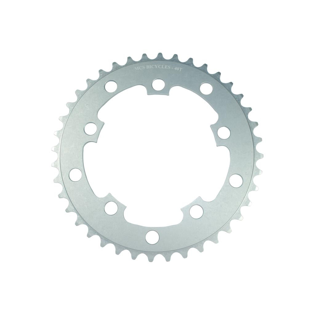 Silver MCS 110BCD 5 Bolt Chainring, CNC machined for BMX, features 40 teeth, ten mounting holes, and "VICS BICYCLES - 40T" labeling at the top.
