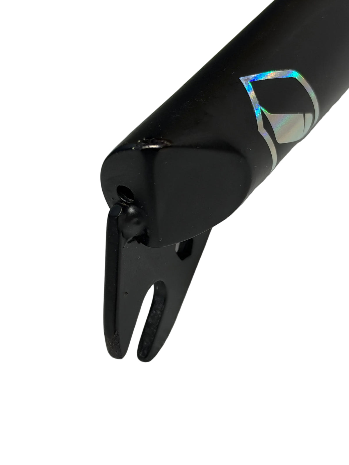 Close-up of a black Inspyre Evo OEM Chromoly 24 inch 10mm Race fork dropout featuring a holographic logo detail.