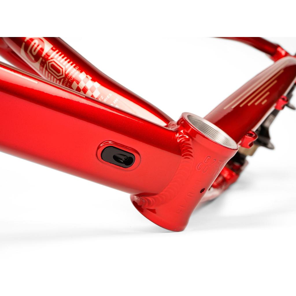 Close-up of the Radio Raceline Quartz 2025 Pro XL Cruiser Frame showing detailed welds, integrated cable port, sliding dropout disc system, and part of the bottom bracket area against a white background.