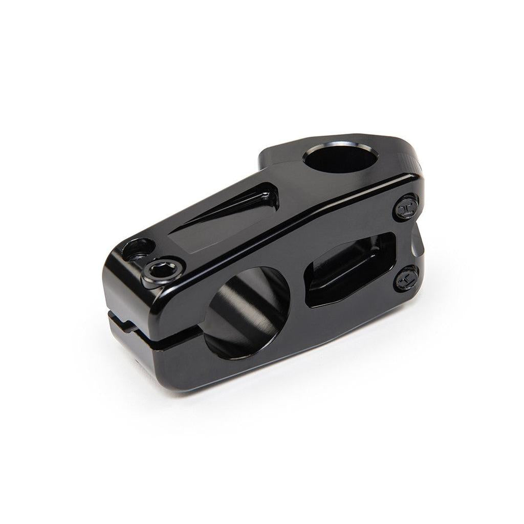 The Eclat Burns Stem is a black CNC-machined alloy BMX stem with a front load design, two bolt holes per side, and smooth, angular edges.