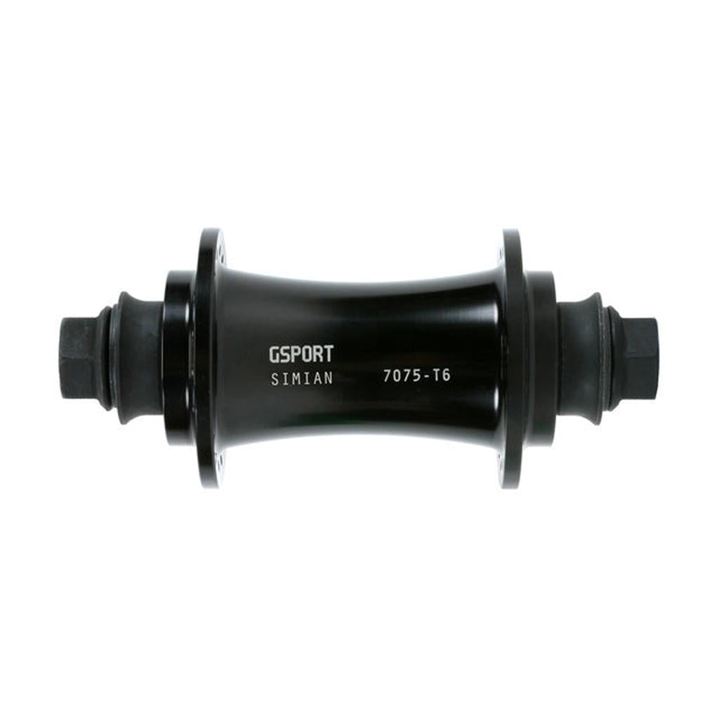 The G-Sport Simian Front Hub, made from 7075-T6 alloy, is shown in black against a white background with visible axle bolts—a high-quality sealed front hub ideal for any BMX setup.