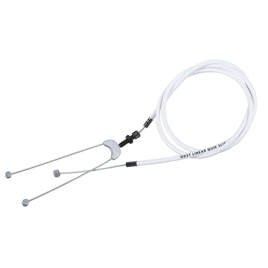 The Odyssey Linear Quik Slic Brake Cable is a dual white BMX rear brake cable with metal ends and a splitter junction.
