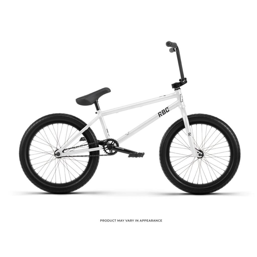 The Radio Darko 20 Inch Bike features a white Chromoly frame, black handlebars and seat, plus Salt Burn Tyres, displayed in side profile against a plain white background.