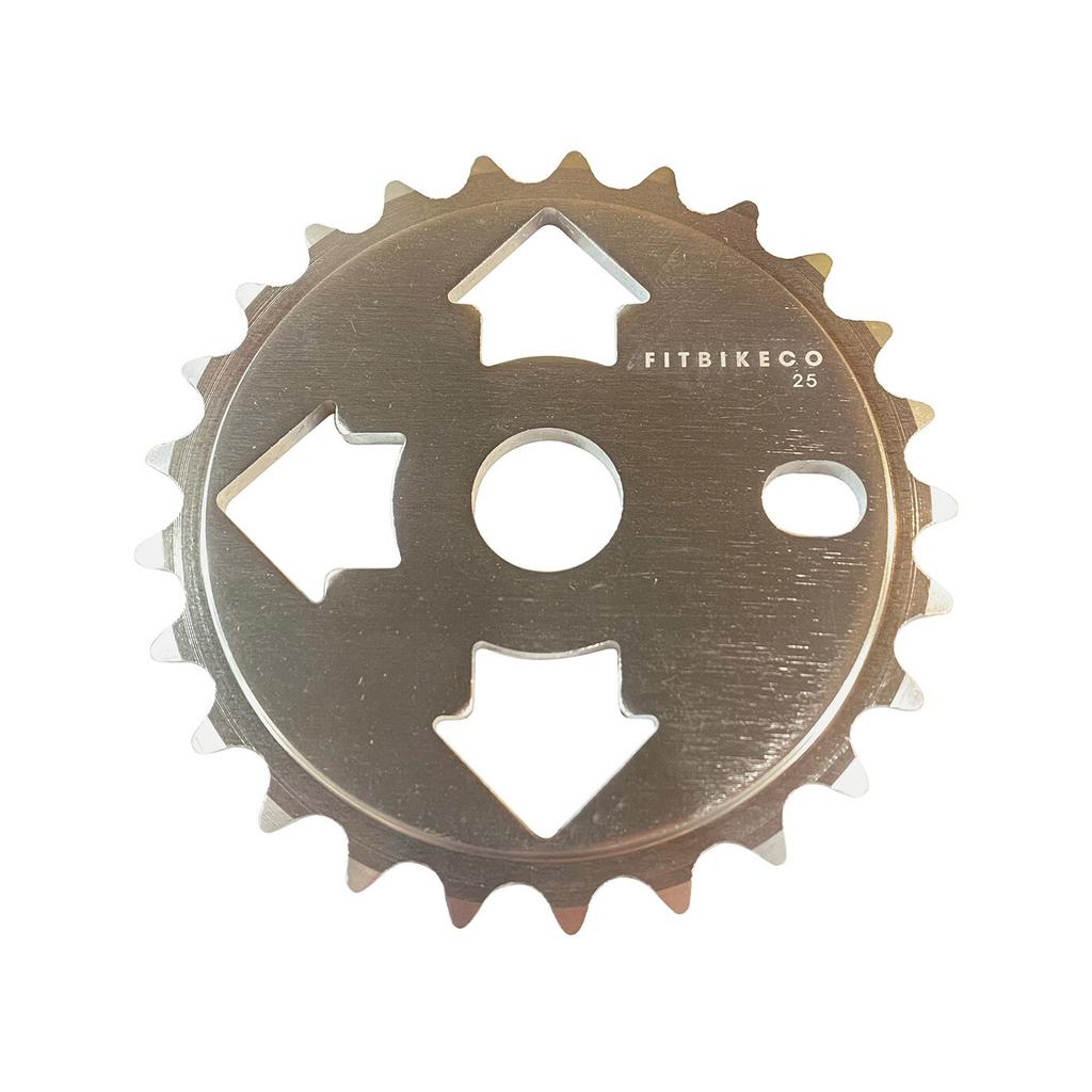 The Fit Bike Co Tri Front Sprocket is a silver BMX sprocket featuring three arrow-shaped cutouts and "FITBIKECO 25" engraving—an affordable aftermarket upgrade for your ride.