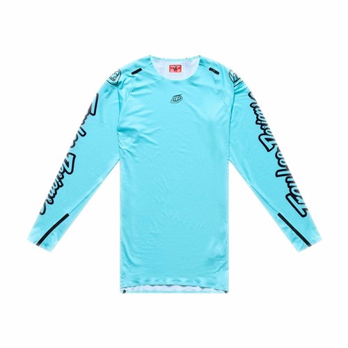 The TLD 26.1 Sprint Ultra Jersey in Mono Real Teal is a long-sleeve athletic shirt with black graphics on the sleeves, a small chest logo, and made from Ultra Knit fabric for exceptional comfort.