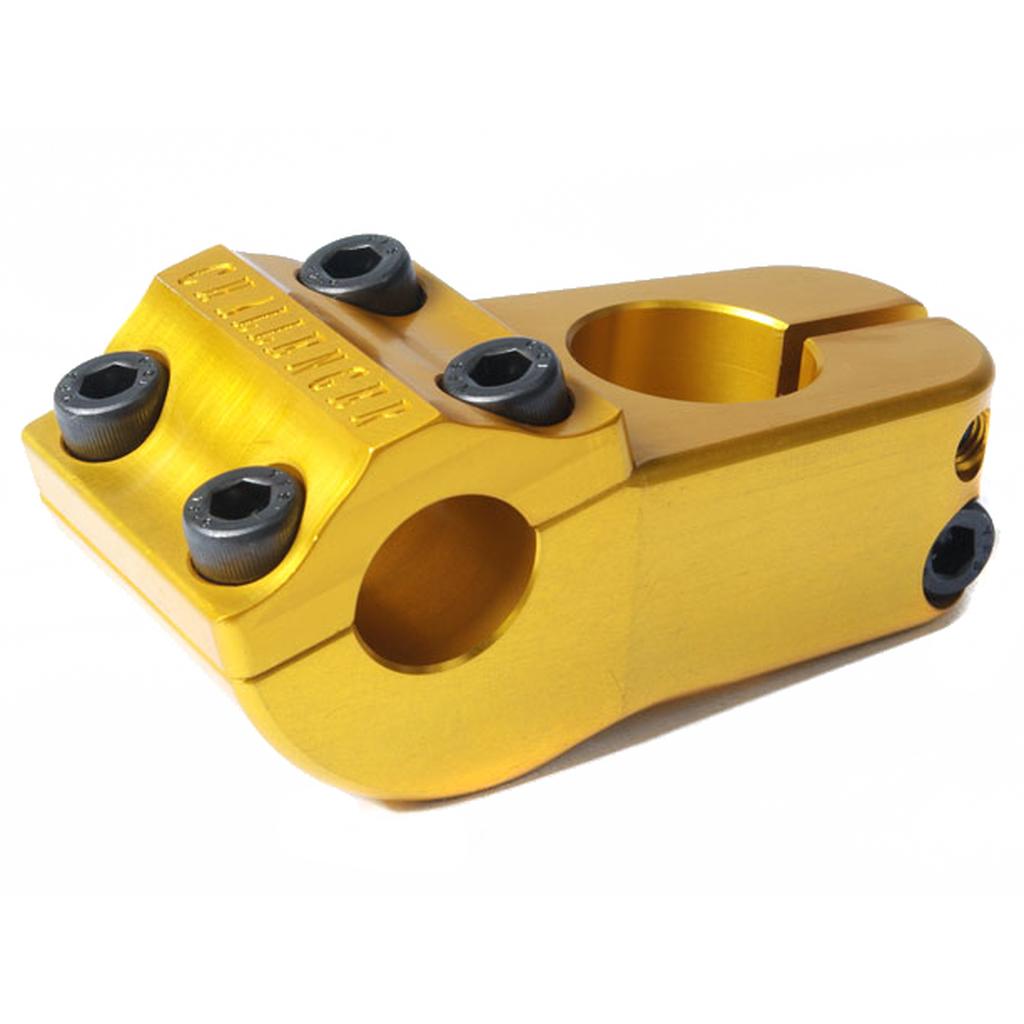 The S&M Challenger Stem is a USA-made BMX stem in gold, featuring a matte metal finish and secured with four black front plate bolts.
