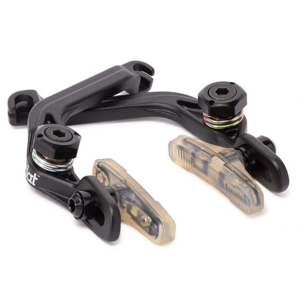 A set of black VP-565 BMX Brake calipers and transparent Odyssey Ghost pads on a white background.