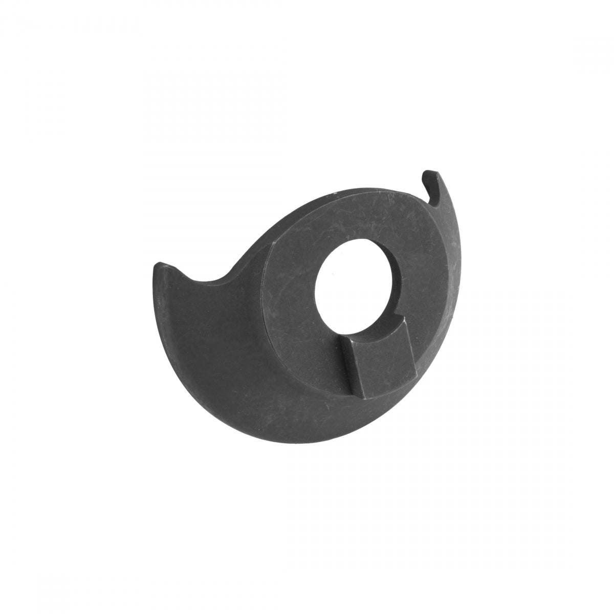 A black, semicircular chromoly Alienation Venus Rear Hub Guard with a central hole and side protrusion, designed as a replacement part for Venus hubs, shown on a white background.