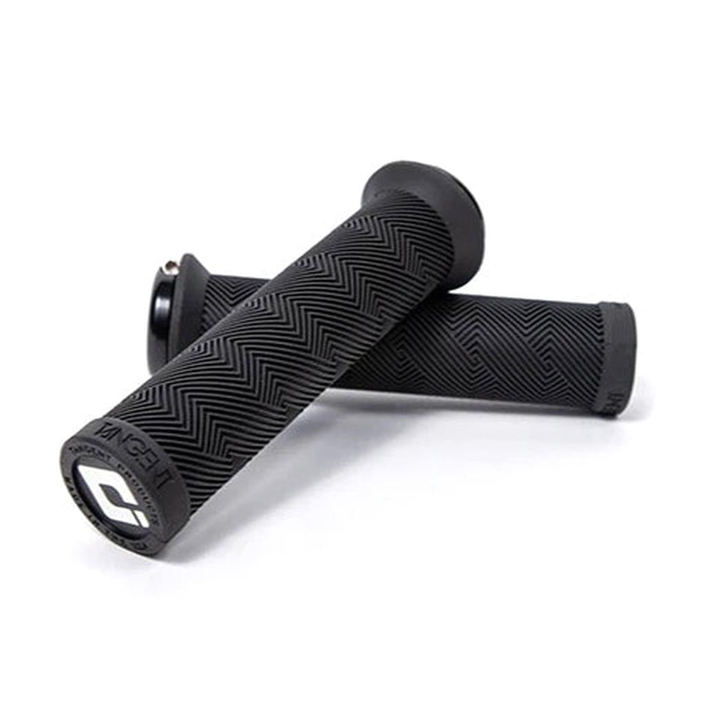 Two black Tangent Contour Lock On Grips with a chevron pattern and closed ends, one lying flat and the other resting diagonally on top in a slim fit design.