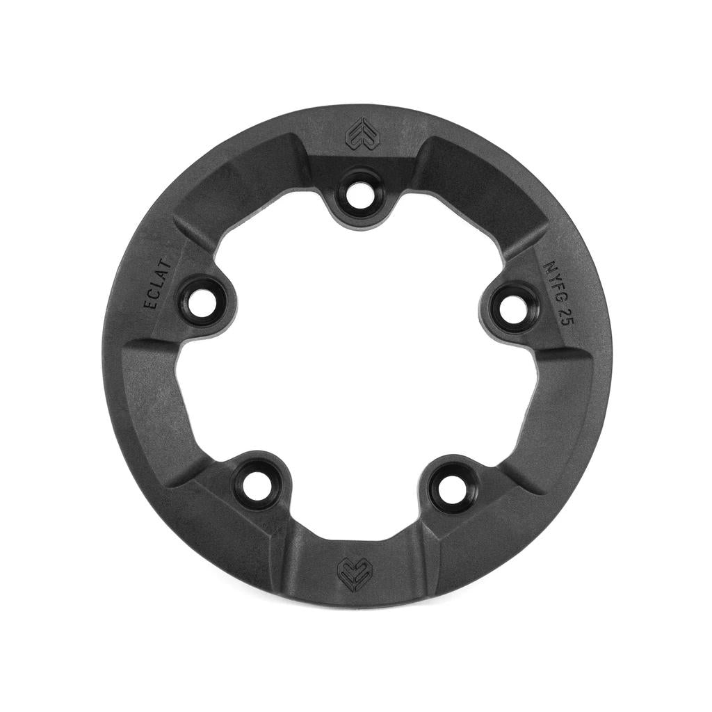 The Eclat Felix Sprocket Replacement Guard is a black, circular nylon fibreglass guard with five holes and "EC1AT" and "NFC625" engraved, ideal as a durable replacement for mechanical systems.
