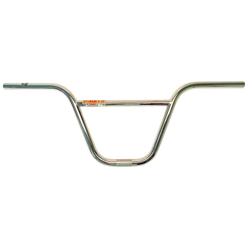 The S&M Hoder Superhigh Bars are silver BMX handlebars built from durable 4130 CrMo Tubing, featuring a central rise and crossbar. They offer both performance and sleek style on every ride.