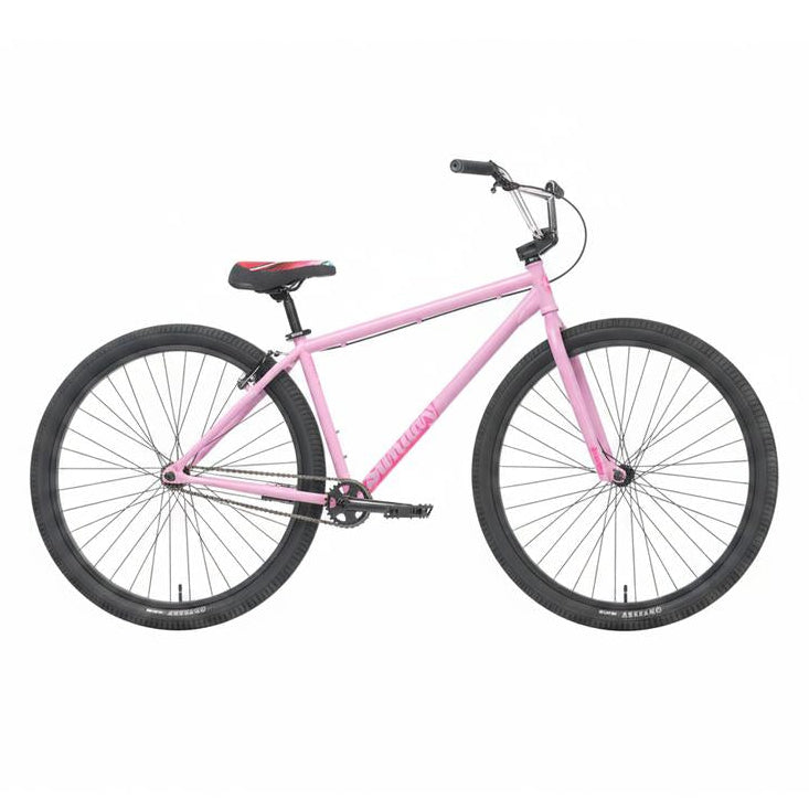 A Sunday High C Bike (2026) in pink, featuring a single-speed 29" full chromoly frame, black tires, a black handlebar, and a black seat with a red accent—displayed on a white background.