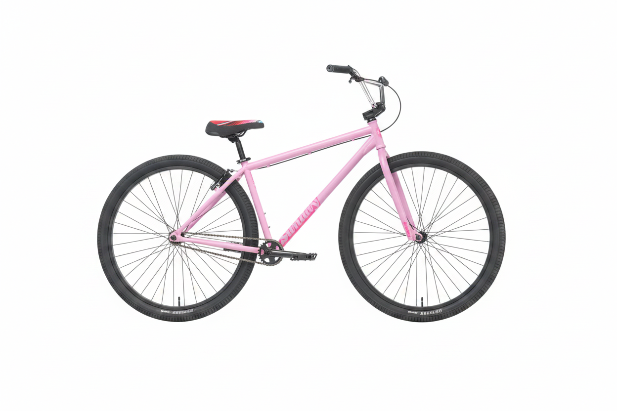 A Sunday High C Bike (2026) in pink, featuring a single-speed 29" full chromoly frame, black tires, a black handlebar, and a black seat with a red accent—displayed on a white background.