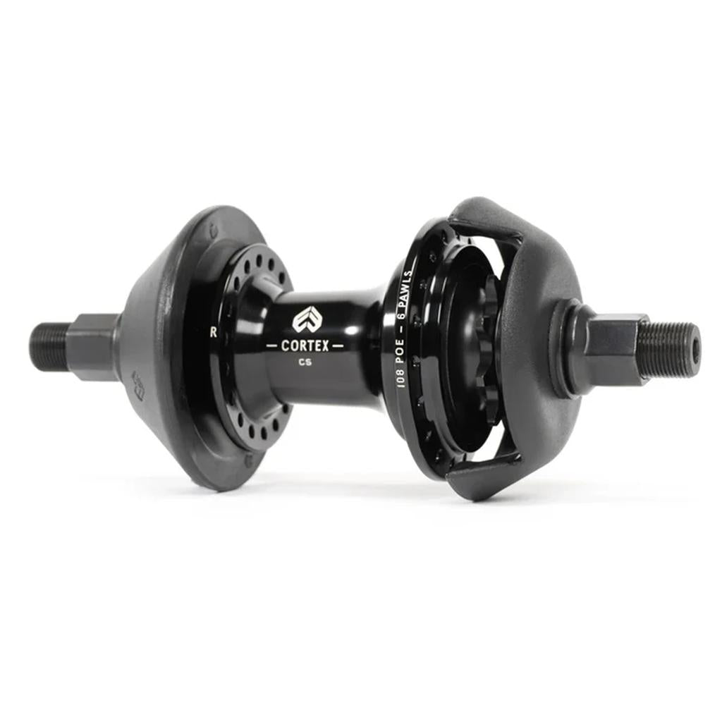 The Eclat Cortex EVO CS Rear Cassette Hub, in black, features dual hub guards, a high-engagement 108 POE system, and "Cortex CS" labeling, shown against a white background.