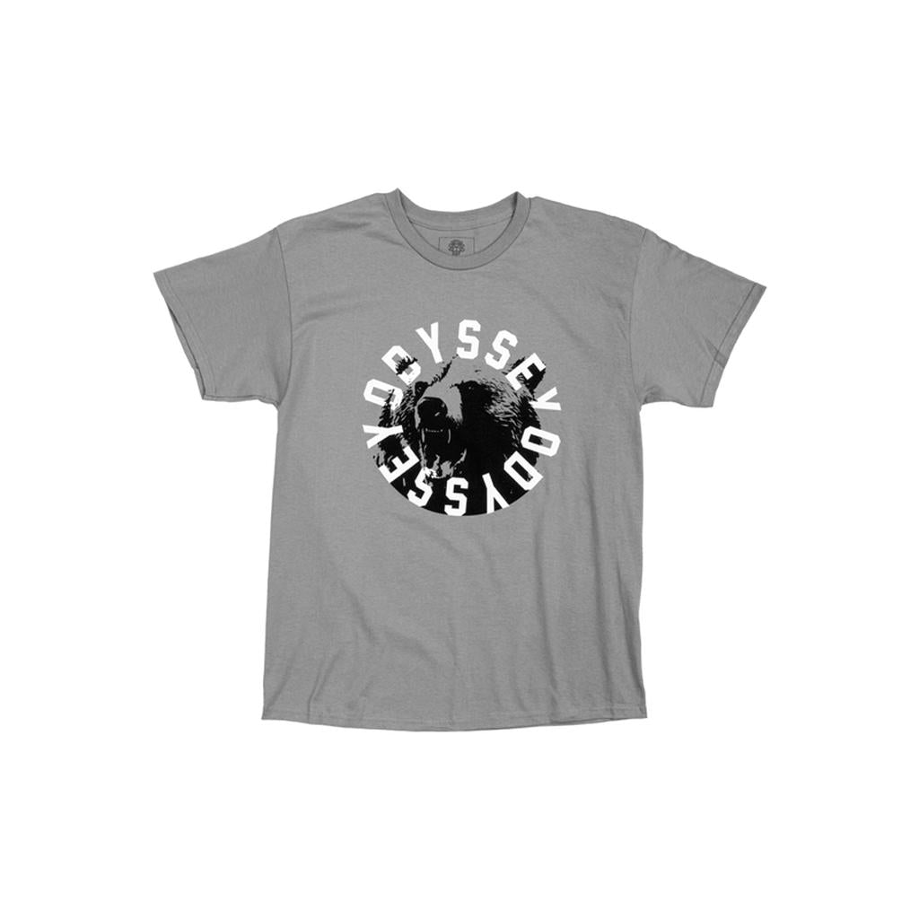 The Odyssey Bear Central T-Shirt features a roaring bear graphic with bold "ODYSSEY" lettering—an ideal gray tee for those wanting a stylish nod to local fashion.