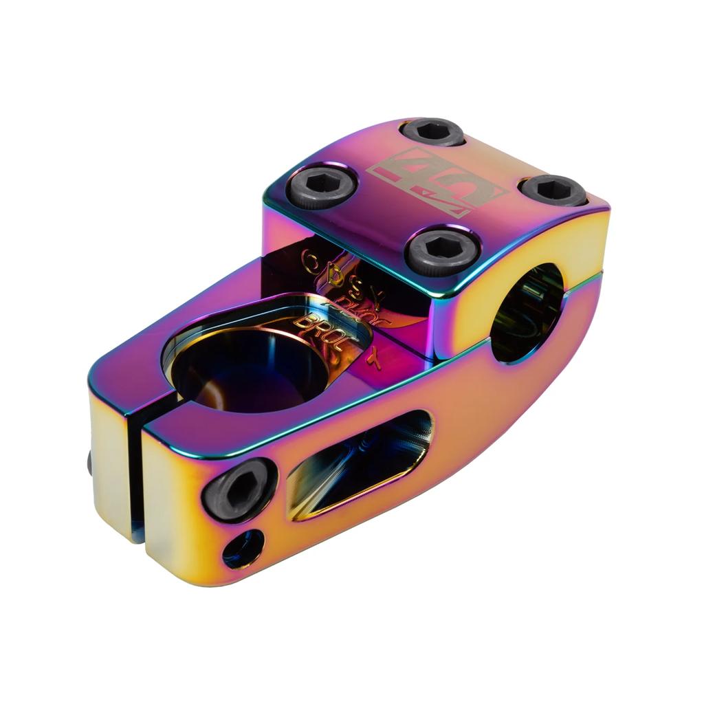 Check out the Odyssey Broc V2 40th Anniversary Top Load Stem, a limited-edition BMX piece with a metallic rainbow finish. It features multiple bolts for secure attachment to your bike's handlebars and fork, ensuring top-notch style and performance.