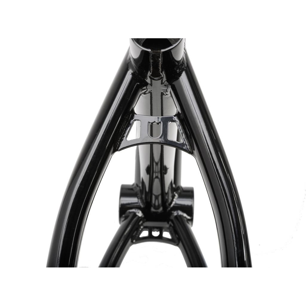 Close-up view of the rear triangle and bottom bracket area of the S&M Big Jumper V2 26 Inch Dirt Jumper Frame in glossy black, photographed against a white background.