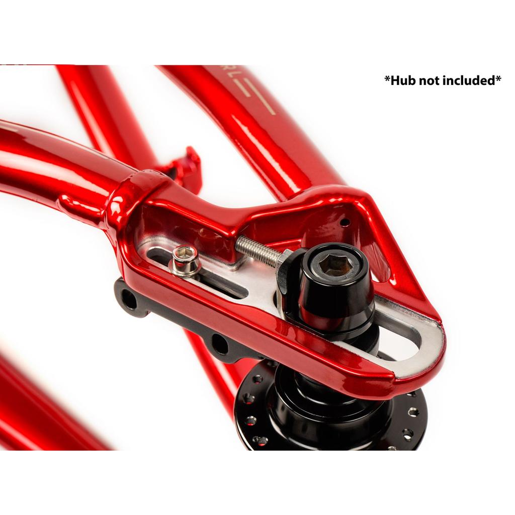 Close-up of the Radio Raceline Quartz 2025 Pro XL Cruiser Frame’s red aluminum sliding dropout disc hardware. Hub not included (see upper right). Ideal for BMX race bikes needing precise adjustment.