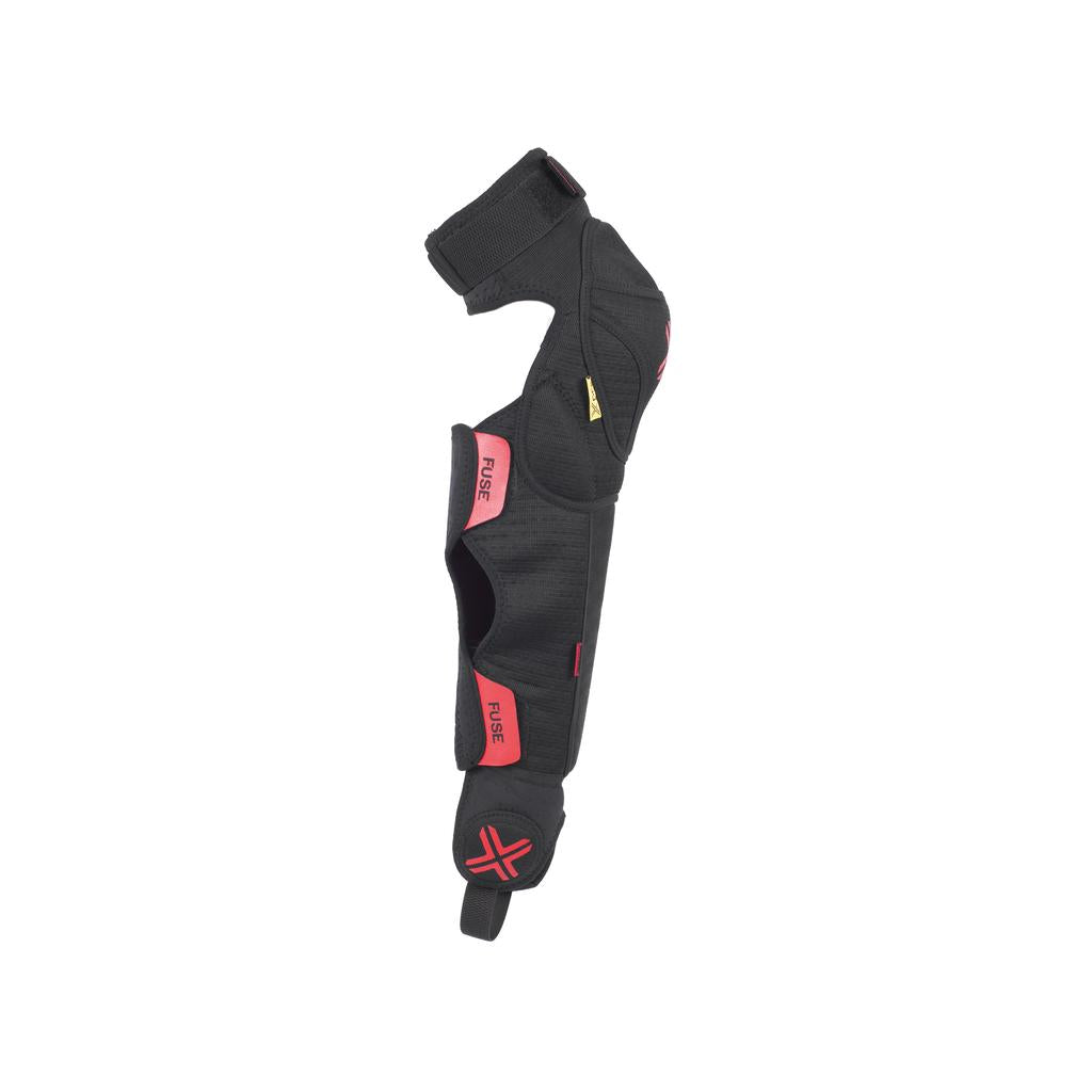 The Fuse Delta 125 Knee Shin Ankle Combo Pads (Pair) are black and red guards with adjustable straps and memory foam padding, offering superior impact protection for sports activities.