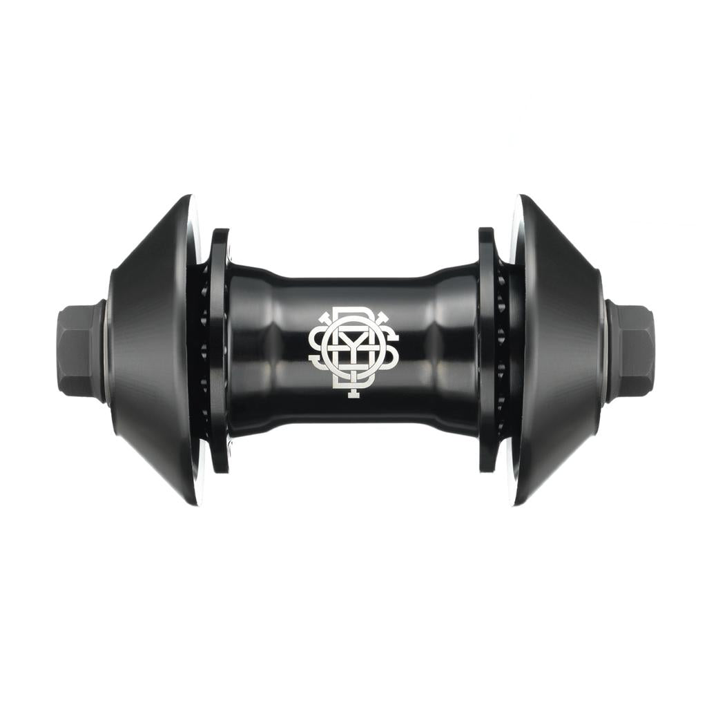 The Odyssey Vandero Pro Hazard Lite Front Wheel features a black hub with two large cone-shaped hub guards and a white geometric logo at its center.