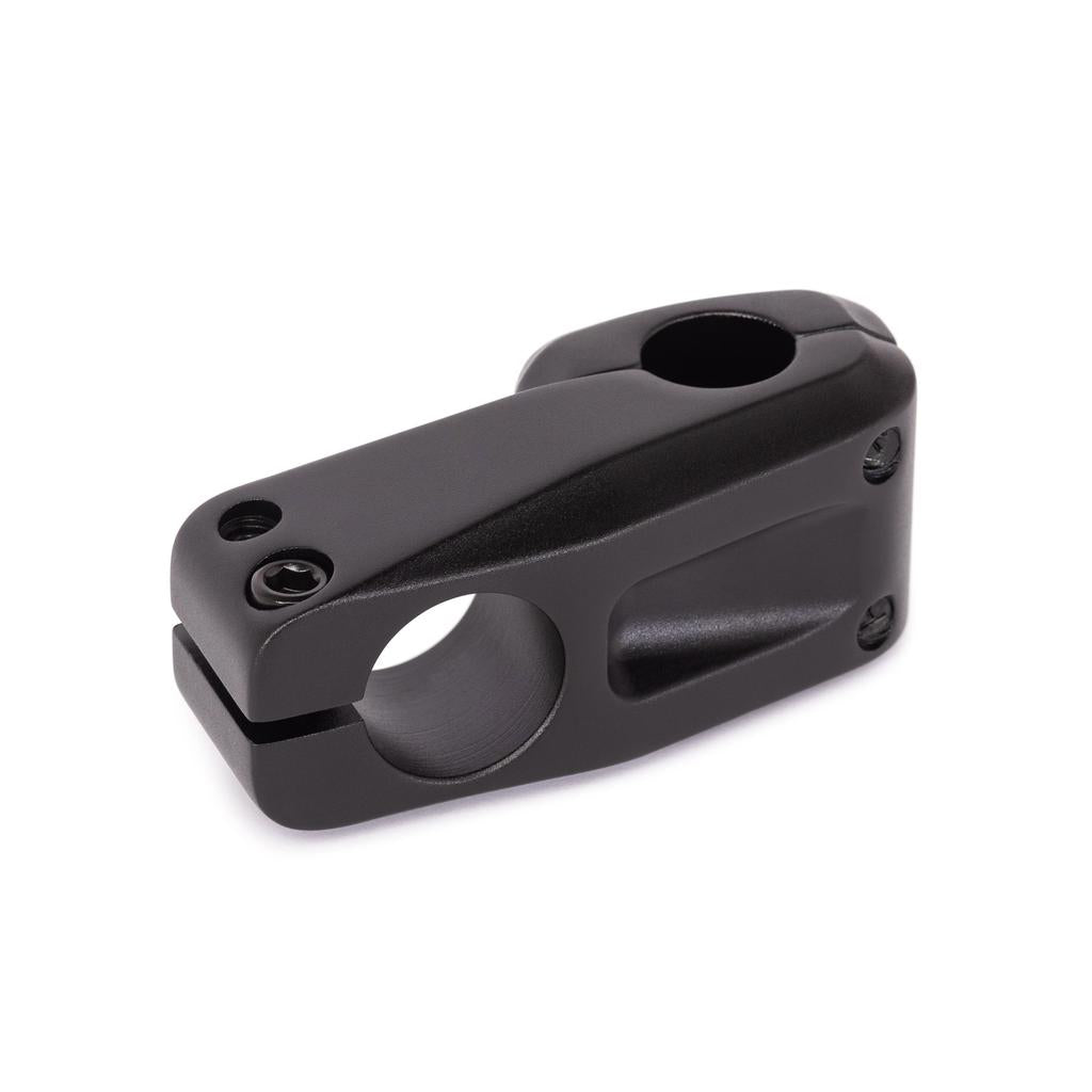 The Eclat Onyx OS Stem (25.4mm Clamp) is a black metal BMX part with two bolt holes, designed to secure handlebars to the fork steerer tube, and features oversize clamping for extra stability. Shown on a white background.