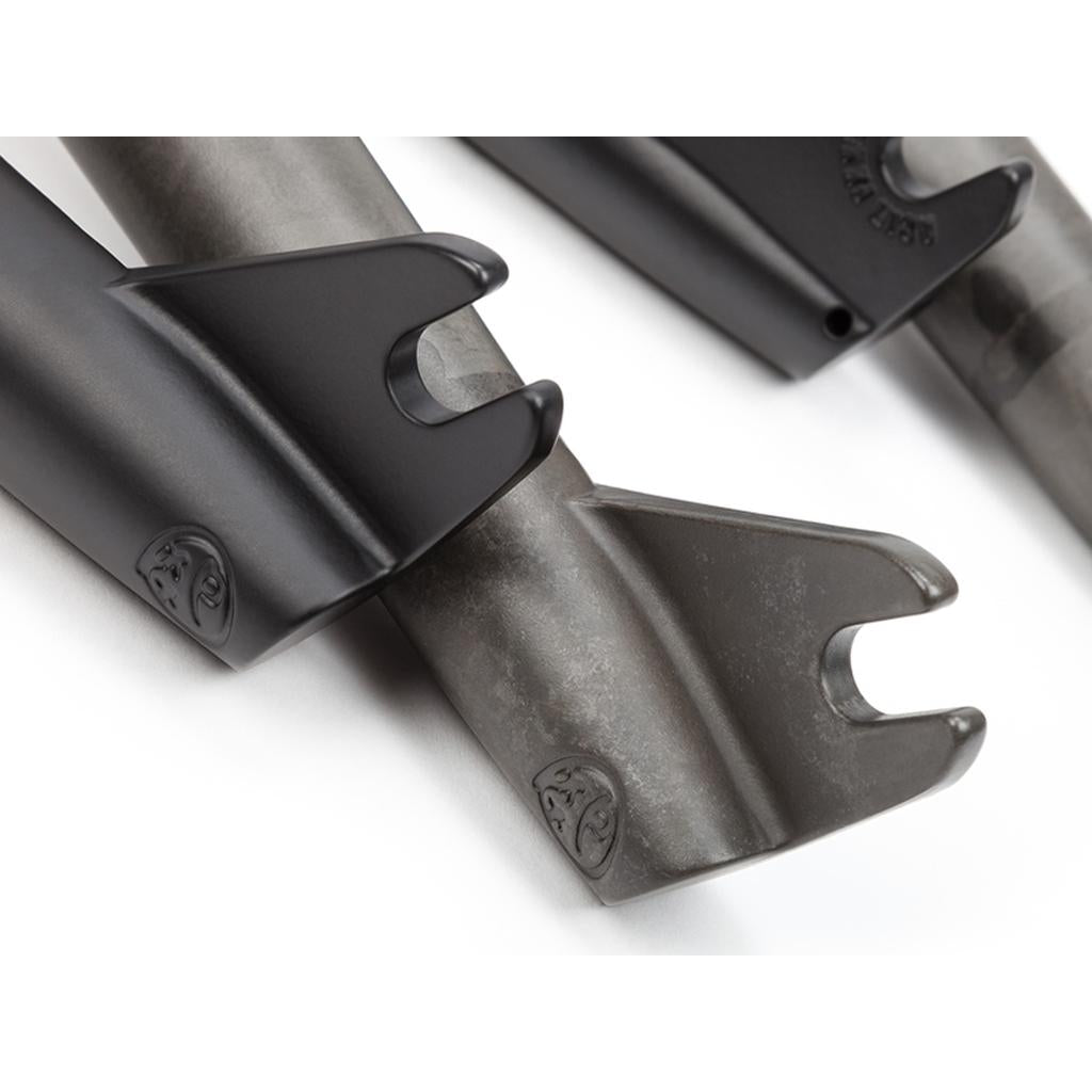 Three close-up BSD Acid V2 Forks dropouts display various finishes and a small embossed logo, highlighting the quality 4130 chromoly construction designed for BMX performance.