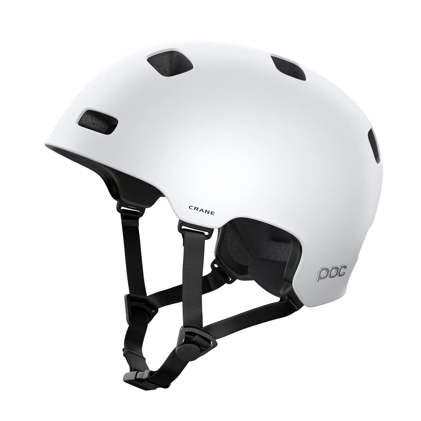 The POC Crane MIPS Helmet in Matte White features black ventilation holes, adjustable chin straps, a matte finish, and offers enhanced protection against rotational impacts.