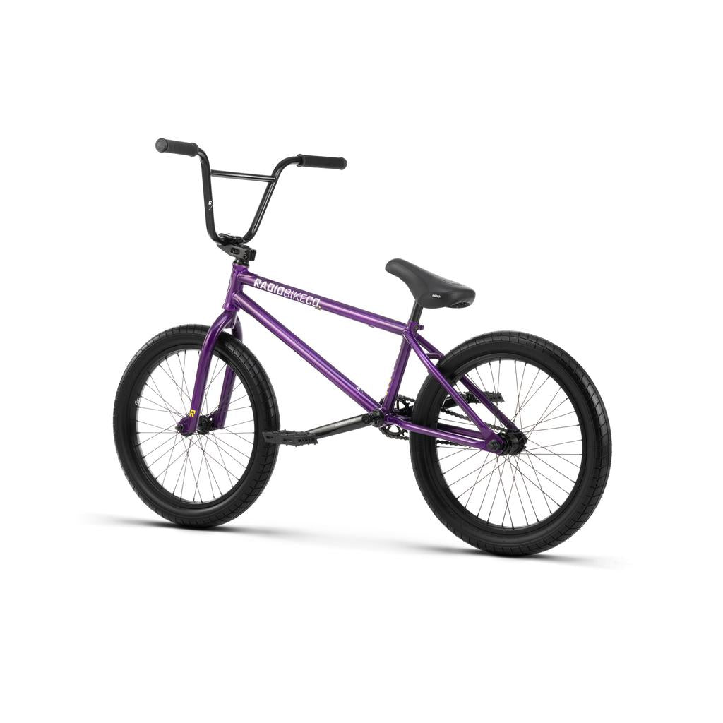 The Radio Darko 20 Inch Bike, featuring a sturdy Chromoly frame in purple with black handlebars, seat, pedals, and Salt Burn Tyres, is displayed on a white background.