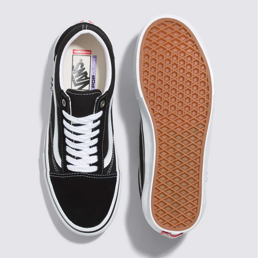 Top view of a pair of Vans Skate Old Skool Shoes - Black/White with white laces and a tan sole.