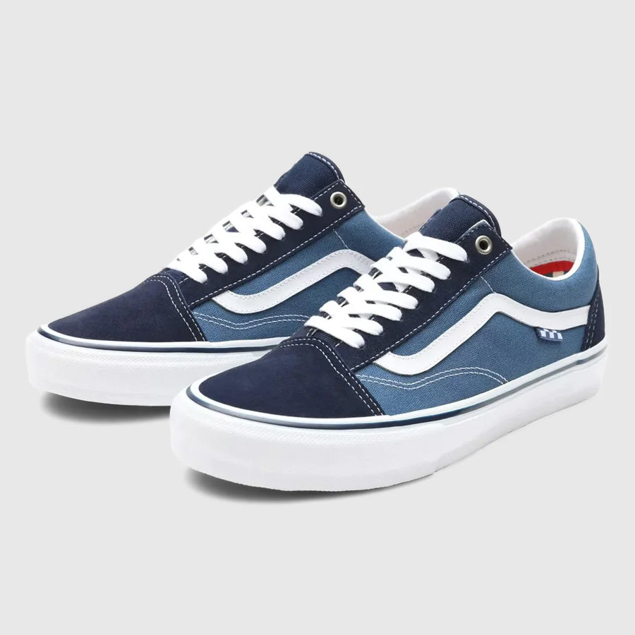 Navy and white Vans Skate Old Skool Pro Shoes - Navy/White with legendary grip and increased durability.