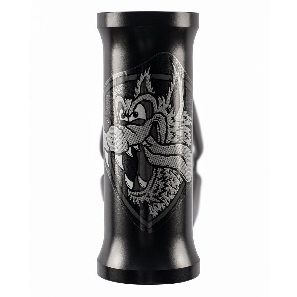 A black metal cylinder engraved with an aggressive cartoon wolf head logo with protruding tongue, inspired by the Subrosa Speedwolf V2 Race Frame used in BMX racing.