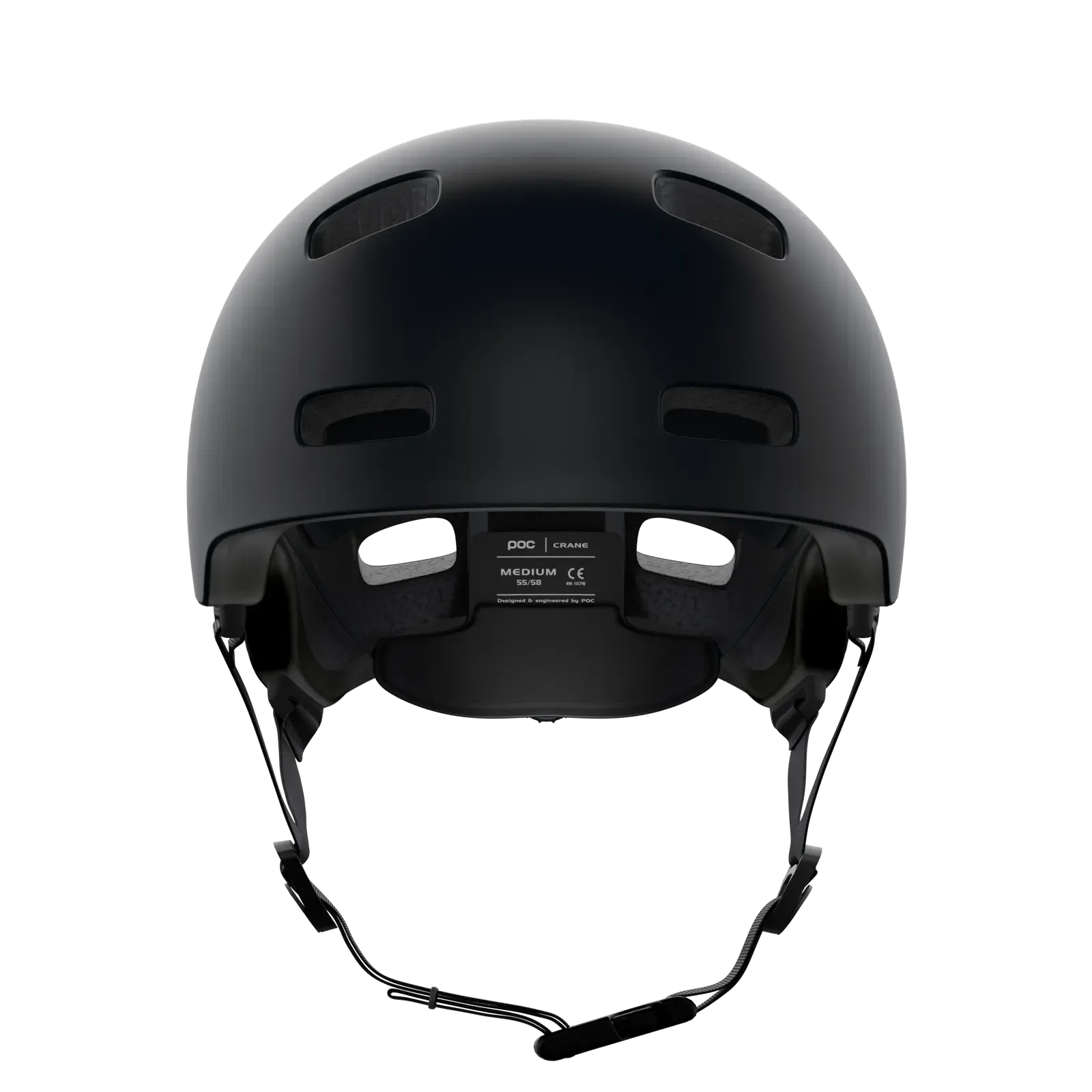 The POC Crane MIPS Helmet in matte black is shown from the front, with multiple vents, an adjustable chin strap, and a dual-density liner for enhanced protection against rotational impacts.