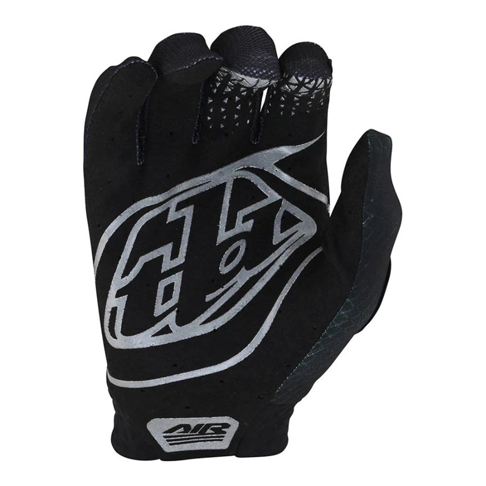Sentence with replacement: TLD Youth Air Glove Black with white brand logo and a single-layer perforated palm.