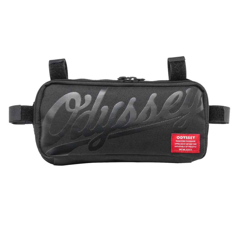 The ODYSSEY Switch Pack V2 Hip Bag is a black zippered bag with bold "Odyssey" script, black straps, and a red patch on the bottom right—ideal as a stylish bike or hip bag for daily use.