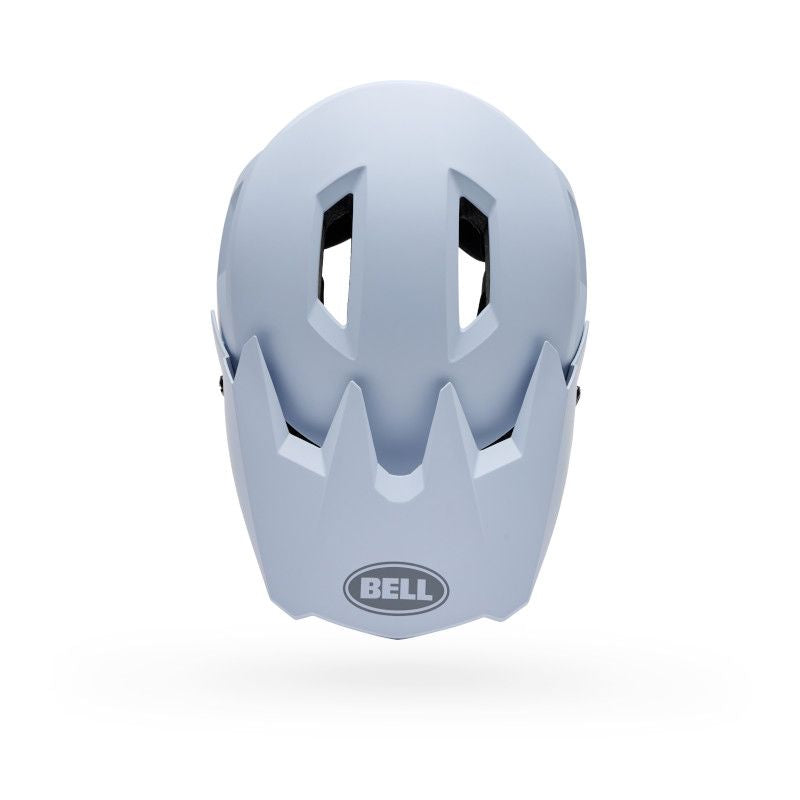 A front view of the Bell Sanction 2 White helmet shows three large vents and angular design details—an ideal entry-level helmet for new riders.
