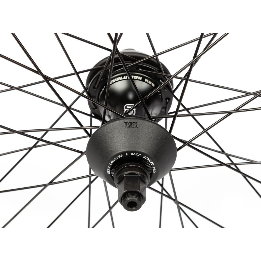 Close-up of the BSD XLT x Revolution V1.5 Rear Wheel, highlighting the hub's detailed text, XLT rim, and Planetary Clutch Mechanism, all set against a white background.