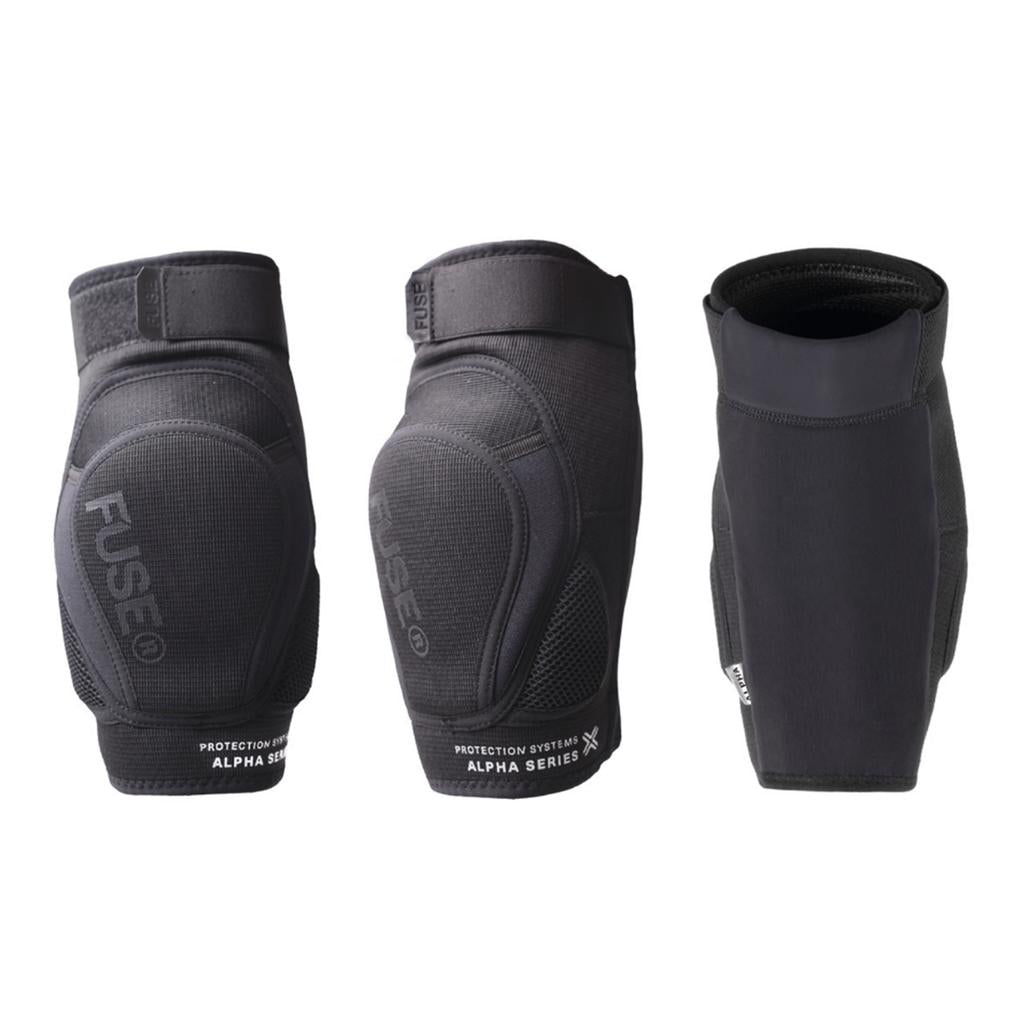 Three views of black Fuse Alpha Classic Kids Knee Pads (Pair), made from durable neoprene for impact protection, shown from the front, side, and back against a white background.