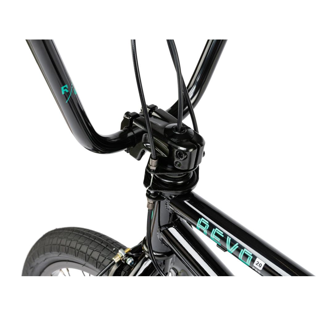 Close-up of the front handlebar, stem, and fork on a black Radio Revo Pro FS 20 Inch Bike with a 20-inch top tube, showing visible brake cables and part of the gyro system.